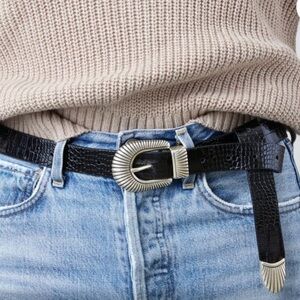 Freda Salvador Nico Black Croc Embossed Western Belt with Silver Buckle M/L